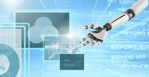 Robot hand interacting with technology interface panels Free Stock Illustration