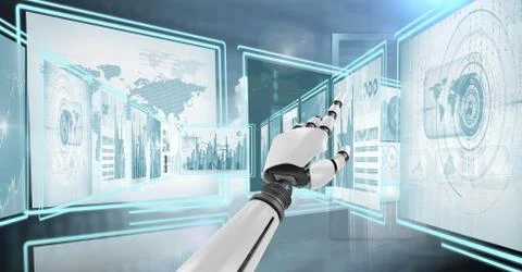 Robot hand interacting with technology interface panels Illustrazione stock gratuita