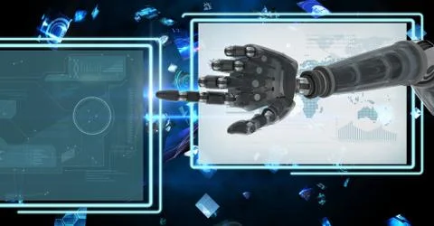 Robot hand interacting with technology interface panels Free Stock Illustration
