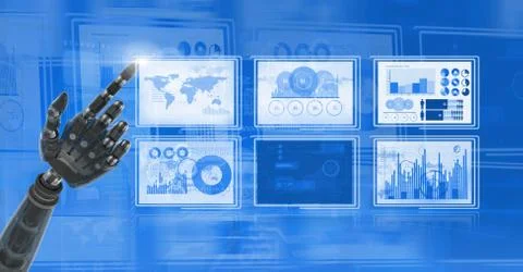 Robot hand interacting with technology interface panels Free Stock Illustration