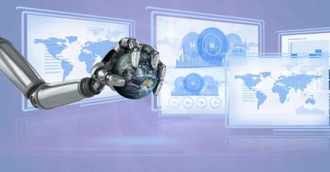 Robot hand interacting with technology interface panels holding world globe Illustrazione stock gratuita