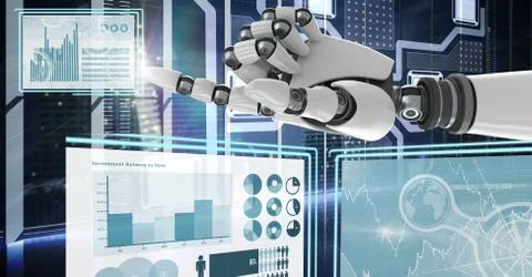 Robot hand interacting with technology interface panels Free Stock Illustration
