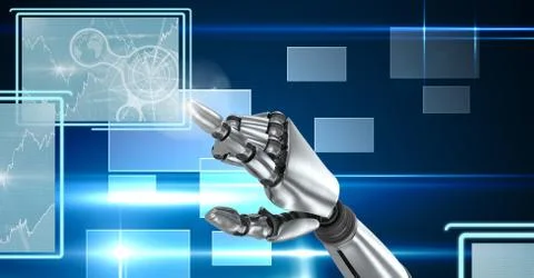 Robot hand interacting with technology interface panels Free Stock Illustration
