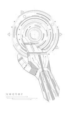 Robot hand. Mechanical Engineering background .Technical drawing of gears . Stock Illustration