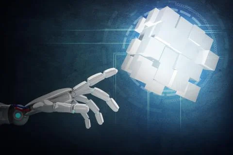 Robot hand point on construction from cubes. 3d rendering Stock Illustration
