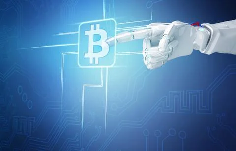 Robot hand point on cryptocurrency digital icon.3d rendering Fotos de archivo