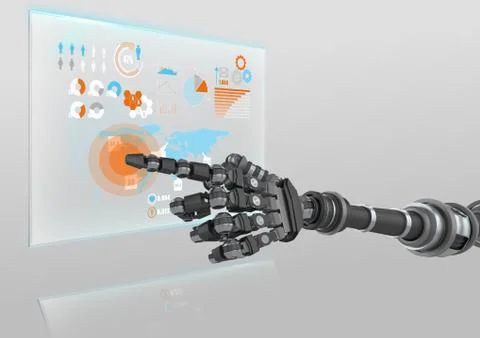 Robot hand pointing at futuristic interface Illustrazione stock