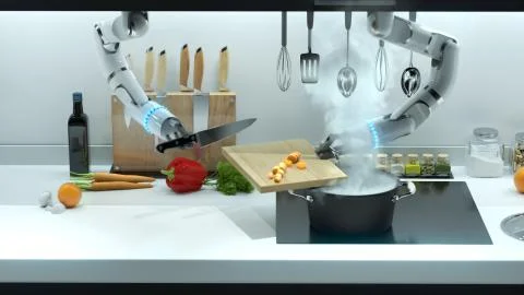 Robot hand prepares lunch in the kitchen. Cooking food by robots, automatic Stock Illustration