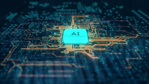 Robot hand pressing button and powering up AI processor HD1080 Stock Footage 248051885