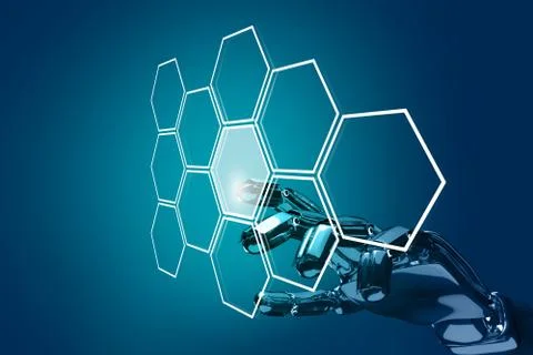 Robot hand push the hexagon button in hexagons. 3d rendering Stock Illustration