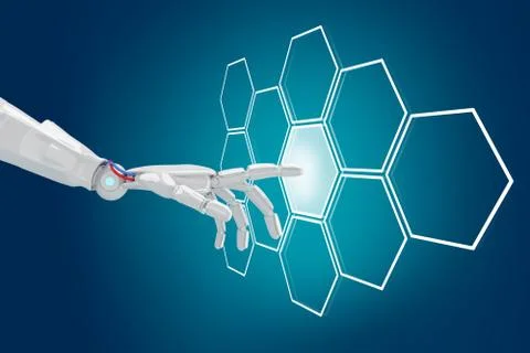 Robot hand push the hexagon button in hexagons. 3d rendering Stock Illustration