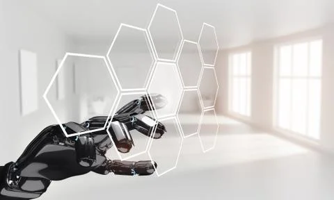 Robot hand push the hexagon button in hexagons. 3d rendering Stock Illustration