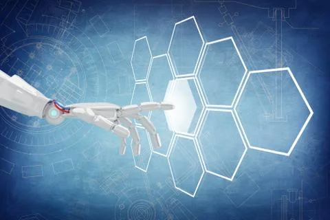Robot hand push the hexagon button in hexagons. 3d rendering Stock Illustration