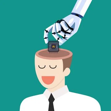 Robot hand put AI processing chip into human brain Stock Illustration