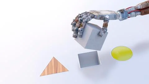 Robot hand putting a cube into matching hole イラスト素材