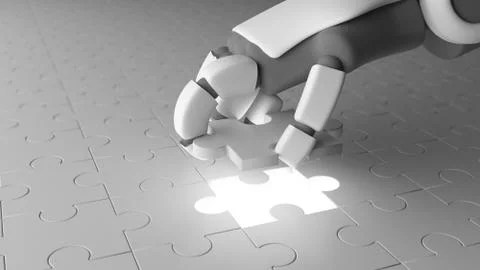 Robot hand putting the last piece of jigsaw puzzle to complete work in busine Stock Illustration