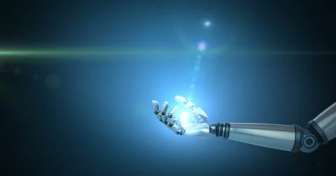 Robot hand reaching towards bright light, symbolizing technology advancement Stock Photos