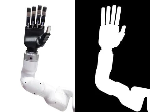 Robot hand, Robotic arm palm with finger waving hello gesture, Modern Techn.. Stock Photos
