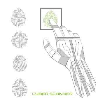 A robot hand scans a fingerprint. Touch ID icons. Set of fingerprints Vecto.. Stock Illustration