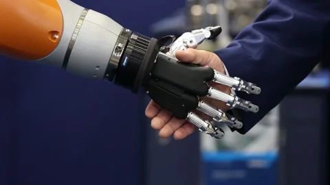 Robot hand shaking human hand. Schunk gripper demonstration 動画素材 96230000