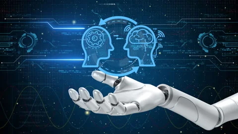 Robot hand showing AI artificial intelligence icon on future virtual background Stock Footage 235739345