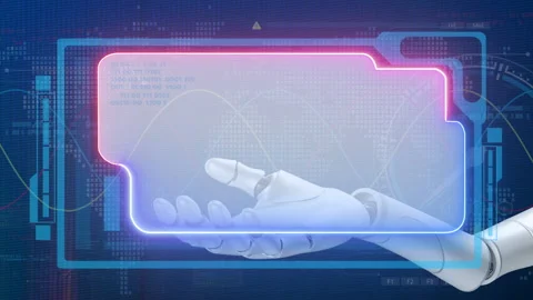 Robot hand showing empty space of HUD UI display screen. Stock Footage 235575829