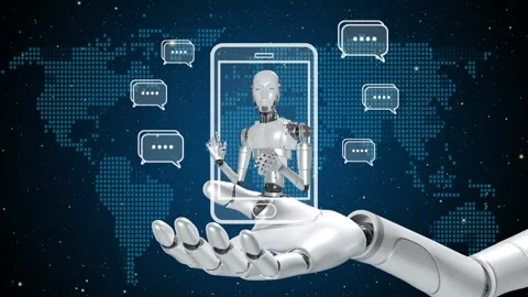 Robot hand shows AI icon provide access information, digital chat bot concept. Stock-Footage 238661832