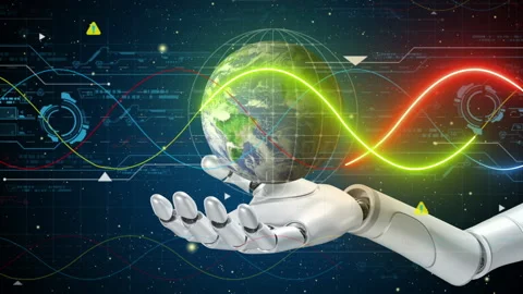 Robot hand shows rotating virtual earth hologram. AI artificial intelligence Stock Footage 236296913