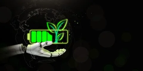 Robot hand supporting a green battery with leaves. Artificial intelligence .. Stock Illustration
