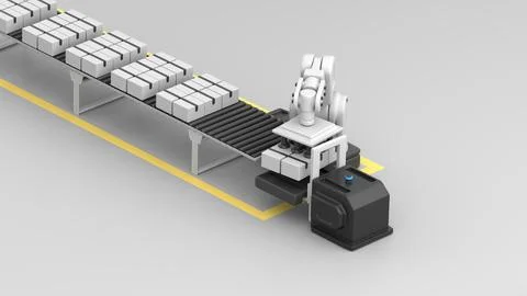 Robot hand with takes boxes from the pallet jack and place on the conveyor Stock Illustration