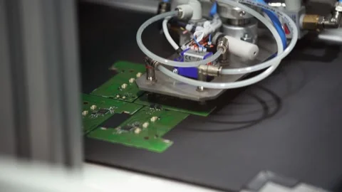 The robot hand takes the pcb from the conveyor and puts it on the test equipment Stock Footage 137670692