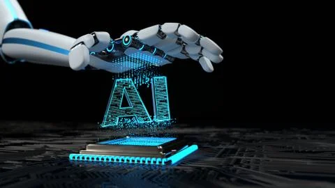 A robot hand with the text AI about a microchip. 3d illustration. イラスト素材