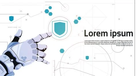 Robot Hand Touch Button Digital Shield Button Web Security Concept Banner With Stock Illustration