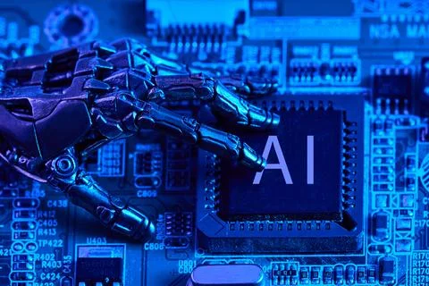 Robot hand touching ai chip on circuit board 스톡 사진