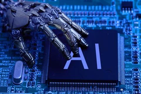 Robot hand touching ai chip on circuit board Stock Photos
