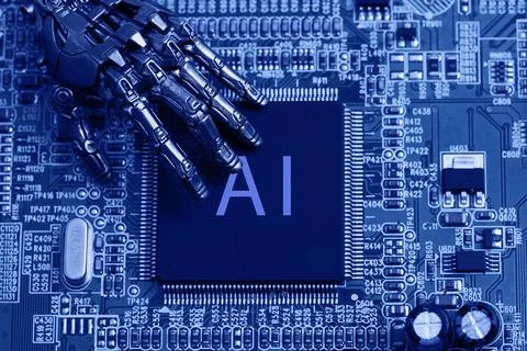 Robot hand touching ai processor on circuit board 스톡 사진