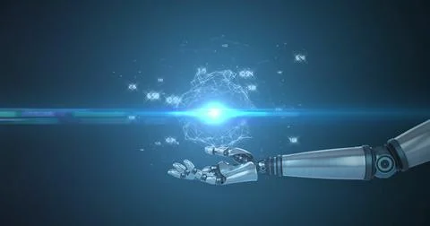 Robot hand touching digital data, numbers floating nearby Stock Photos