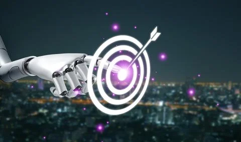 Robot hand touching digital target with arrow. Artificial intelligence prec.. Stock Photos