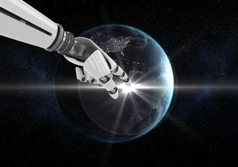 Robot hand touching globe against black background Stock-Illustration