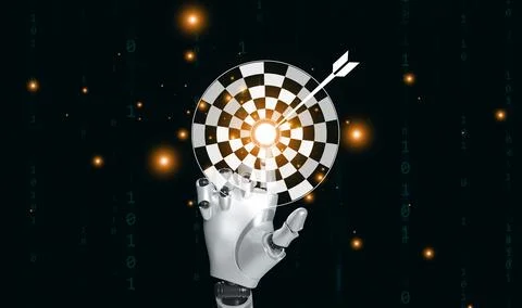 Robot hand touching a glowing digital dartboard target with arrow. Aartific.. Stock Photos
