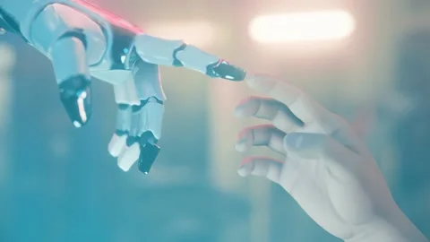 Robot hand touching human. AI (artificial intelligence) meets man Stock Footage 205538751