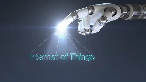 Robot hand touching one points. 'INTERNET OF THINGS' rotates and appears. 4k. Stock Footage 148623183