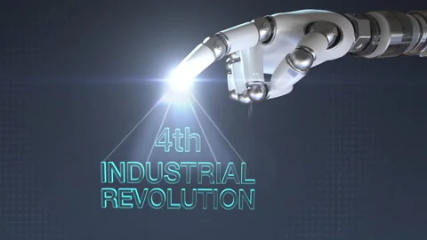 Robot hand touching one points. '4th INDUSTRIAL REVOLUTION' rotates. 4k. Stock Footage 148623251