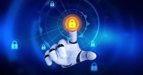 Robot hand touching on screen then security lock symbols appears Stock Footage 78647606