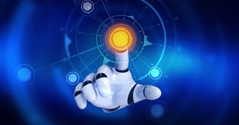 Robot hand touching on screen then fingerprint symbols appears Stock Footage 78652842