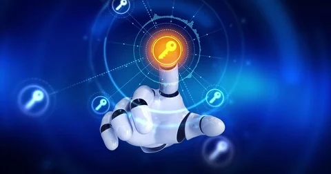 Robot hand touching on screen then key symbols appears Stock Footage 78654969
