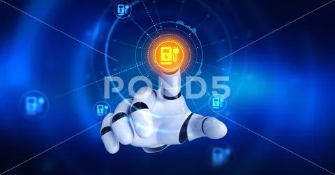 Robot hand touching on screen then car charging station symbols appears Stock Illustration