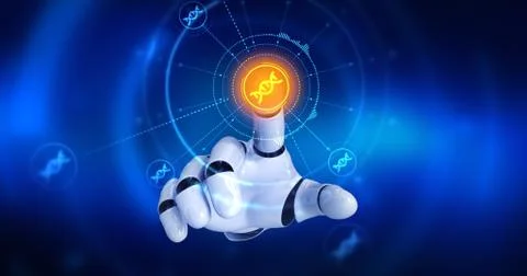 Robot hand touching on screen then DNA symbols appears Stock Illustration
