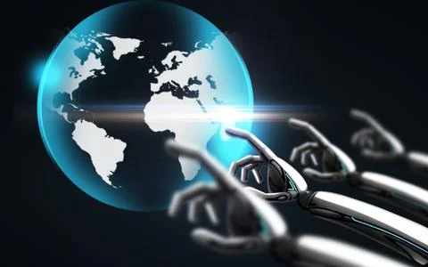 Robot hand touching virtual earth hologram Stock Illustration