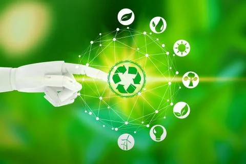 Robot hand with touching virtual environment icons over the network connectio Foto stock